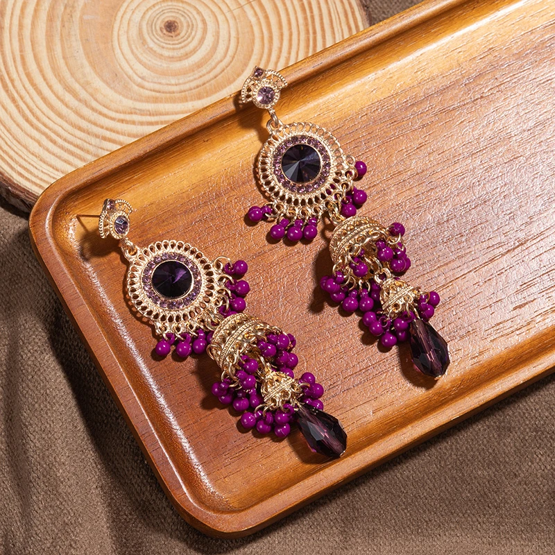 Vintage Purple Crystal Long Earrings Jhumka Women's Gold Alloy Round Bell Tassel Dangle Earrings Wedding Brincos Jewelry