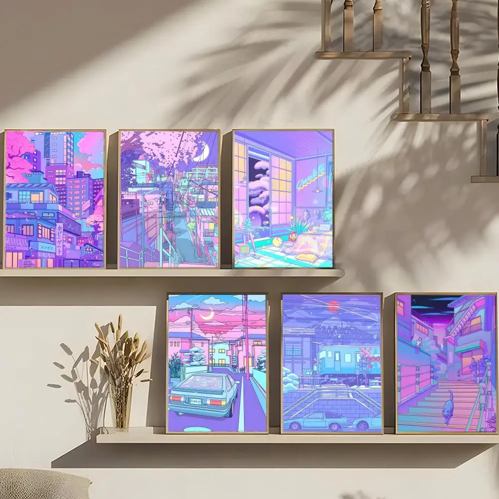 Neon City Street Vaporwave 80S Poster Art print wall decor ideal for living room, bedroom, bar, parlor, and home gifting
