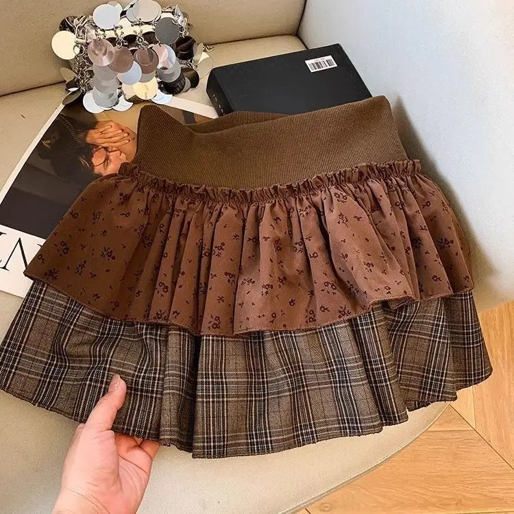 

Женская короткая юбка с высокой талией, пышная, в цветочек и клетку, осенне-зимняя, приталенная, А-силуэт, многоярусная, в корейском стиле