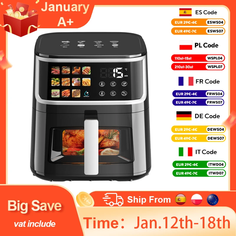 Patbrela Friggitrice senza grassi Friggitrice ad aria calda grande da 8 litri con schermo LED 11 funzioni preimpostate Arrosto Cottura Disidratare Riscaldamento Silenzioso Antiaderente