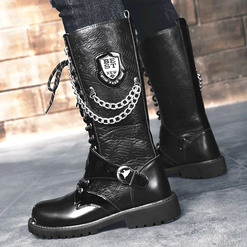 

Fashion Black Men's Leather Boots Metal Chain High Boots for Men Street Punk Boots Men 2025 Winter Biker Boots Men Large Size 46