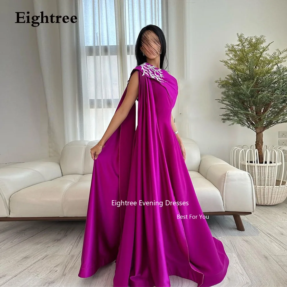 

Eightree Vintage Arabia Evening Dresses One Shoulder Fuchsia Satin Long A Line Glitter Party Dress Women Elegant Luxury 2023