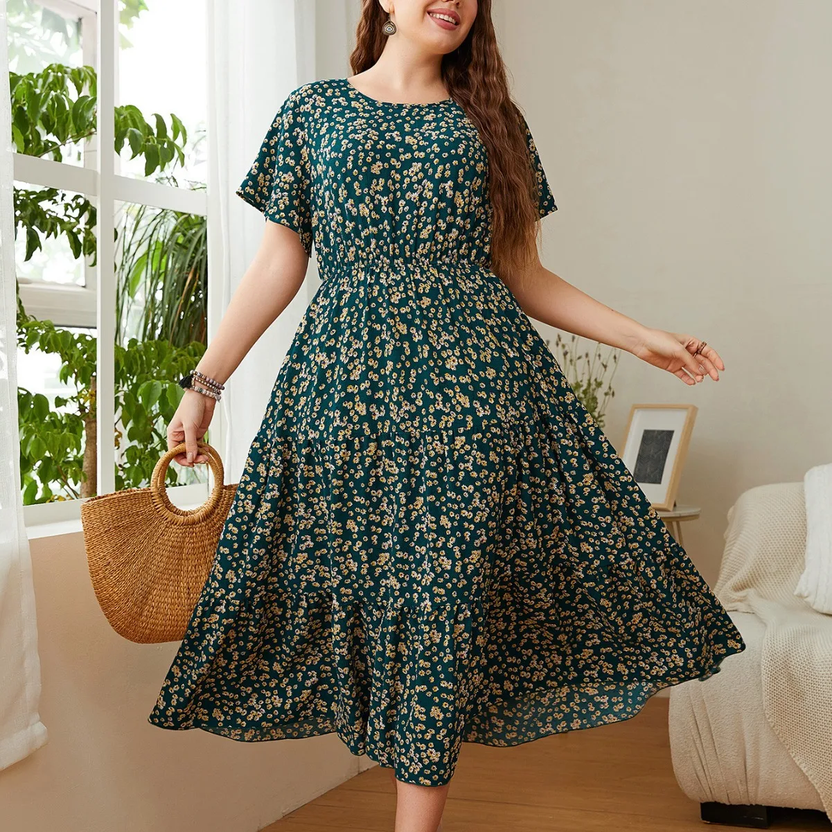 

Plus Size Wide Floral Print Casual Design Dress Female Luxury Dinner Prom Women Elegant Robe Fashion Large Size Evening Dress
