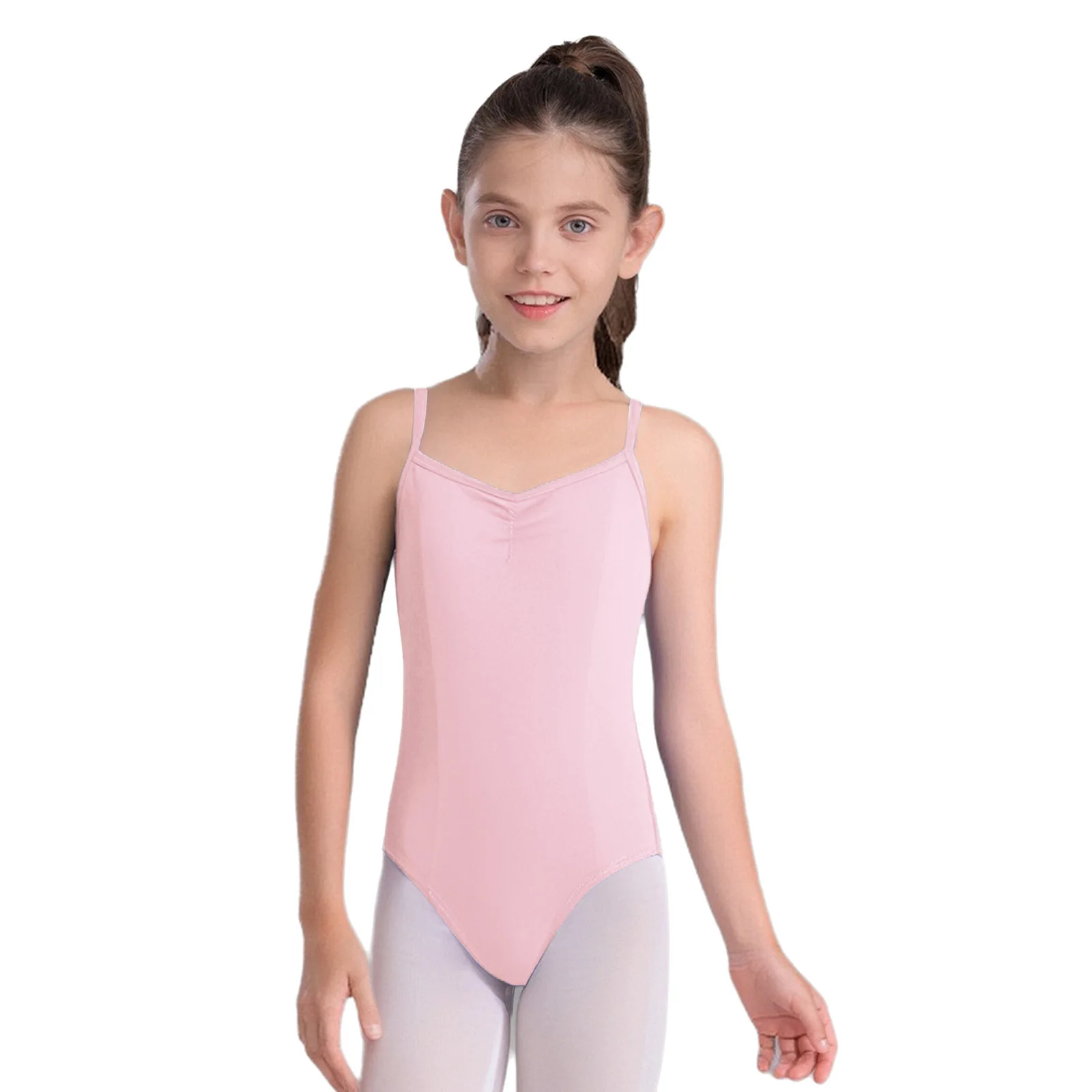 

Kids Girls Gymnastics Ballet Dance Bodysuit Adjustable Spaghetti Straps Sleeveless Front Ruched Leotard for Practice Performance