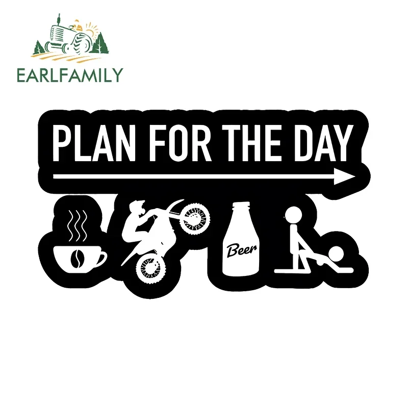 EARLFAMILY 13cm X 7.4cm for Plan for The Day Coffee Car Stickers Cartoon Sunscreen Decals Vinyl Car Wrap Bumper Simple Decor