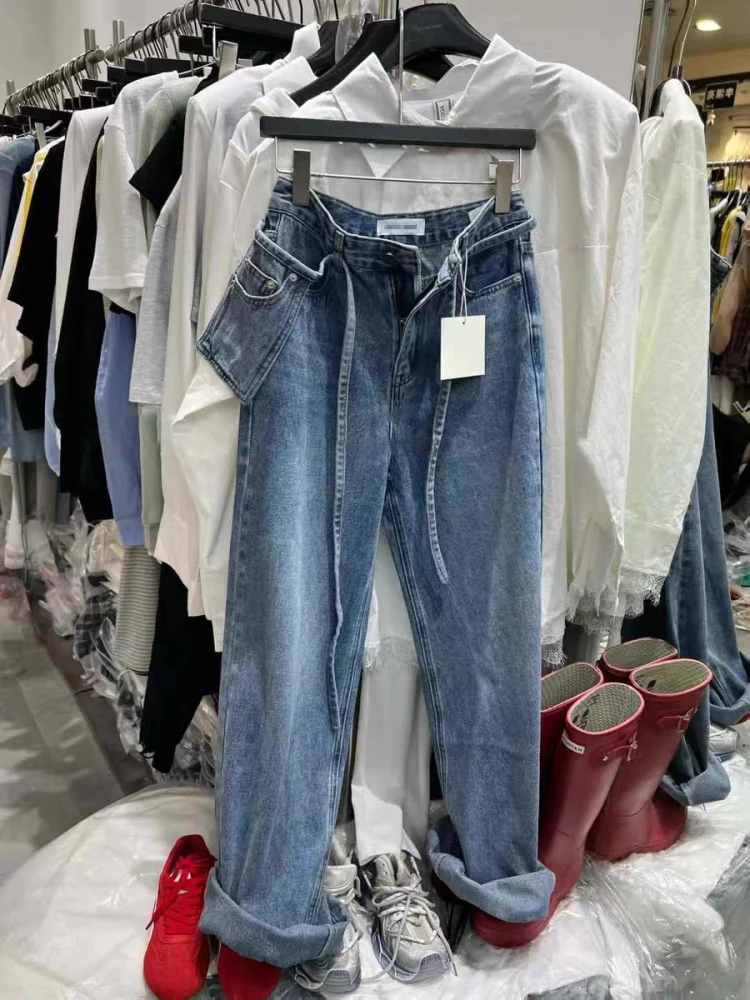 

Модные джинсы с широкими штанинами и высокой талией, облегающие, из денима, длинные брюки с поясной сумкой, новинка ранней осени от Dongda Gate