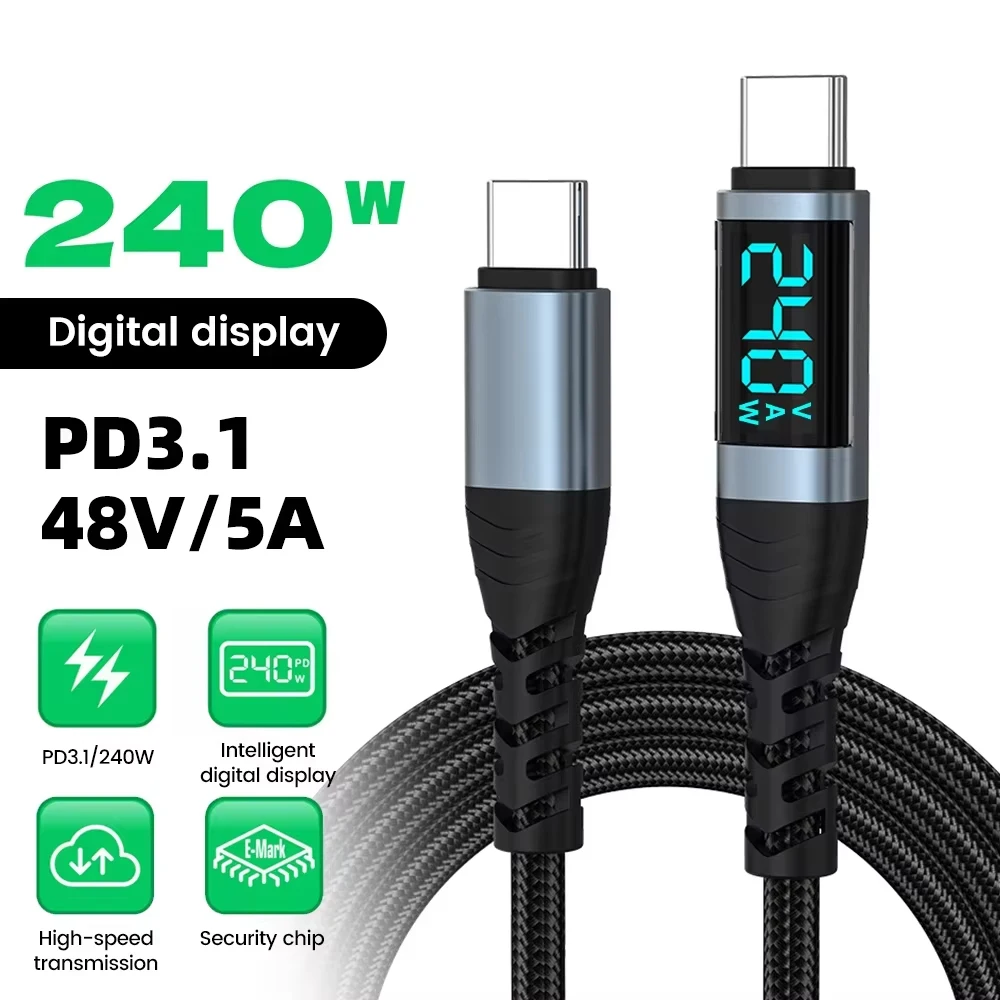 240W 5A Digital Display USB-C Fast Charging Cable,480Mbps Data,For IPhone15-17 Samsung S26 Huawei Xiaomi Android Gaming