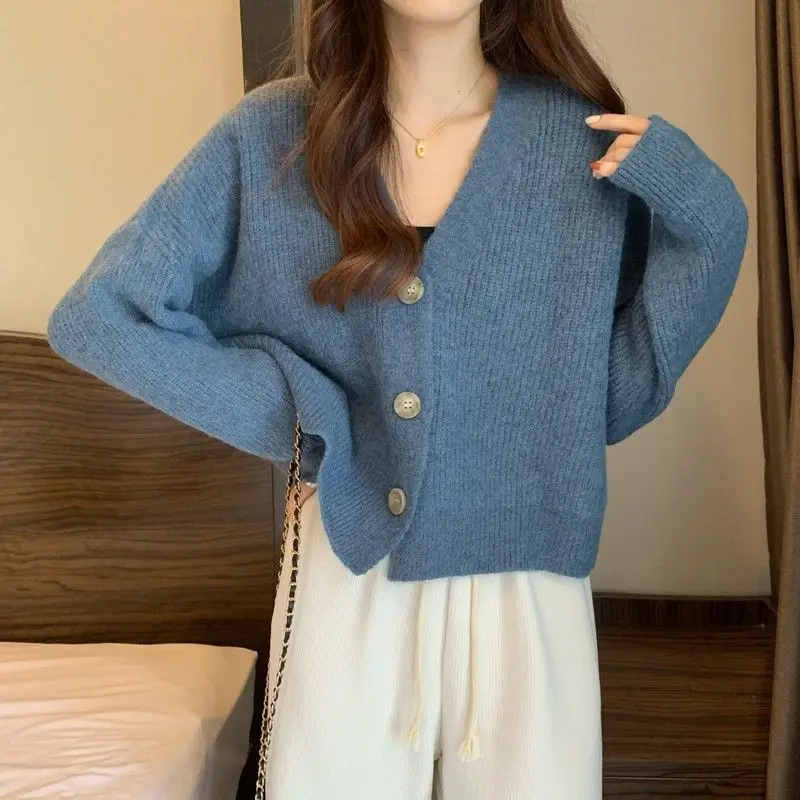 2024 New Autumn and Winter Woman\'s Clothing Loose Jacket V-neck Sweater Cardigan Top Solid Color Simplicity OL Grace Elegant Ins