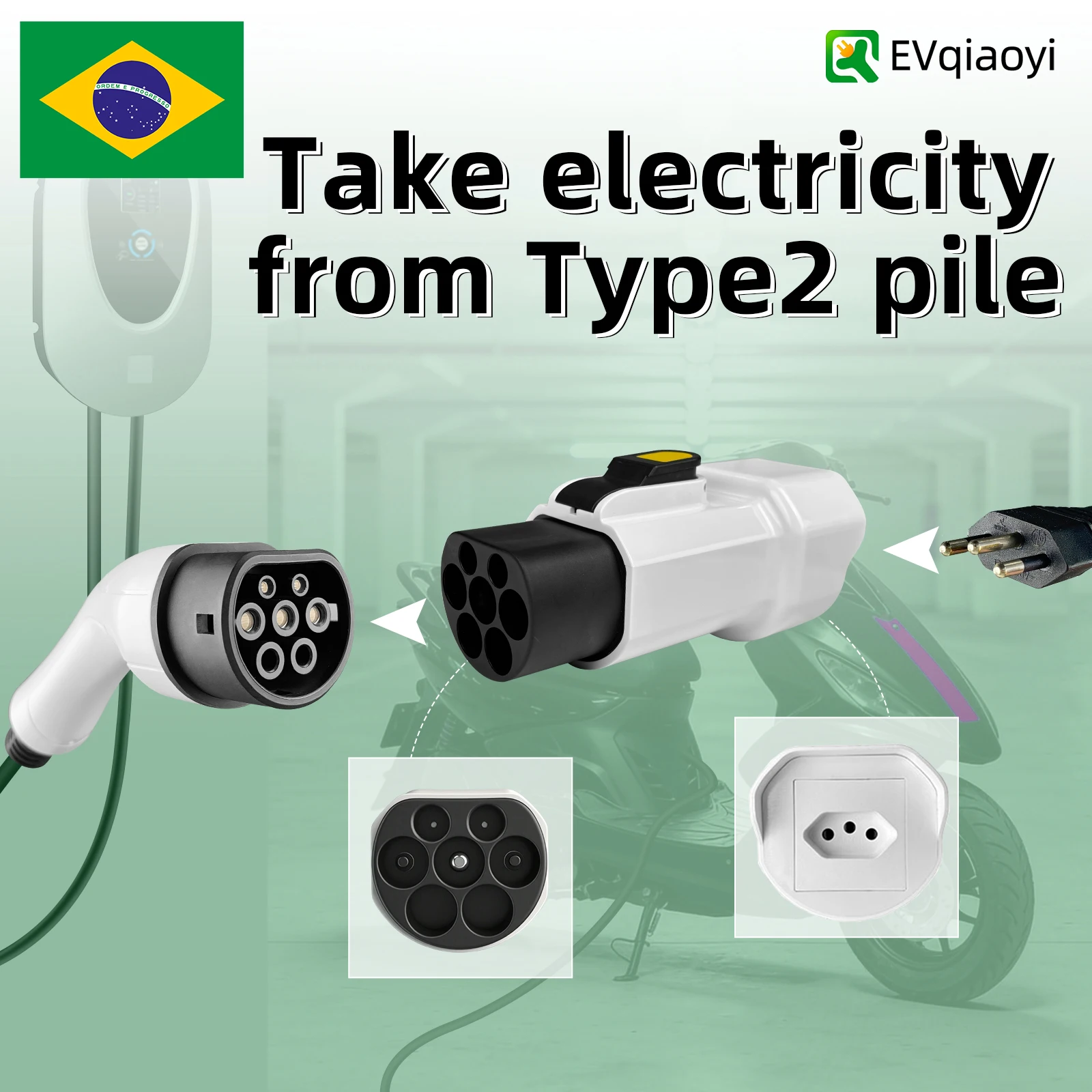 

EVqiaoyi 220V Type 2 Male Plug to Brazil Socket, EV Car Accessories Connector for Type2 Charging Stations, Charging Scooters