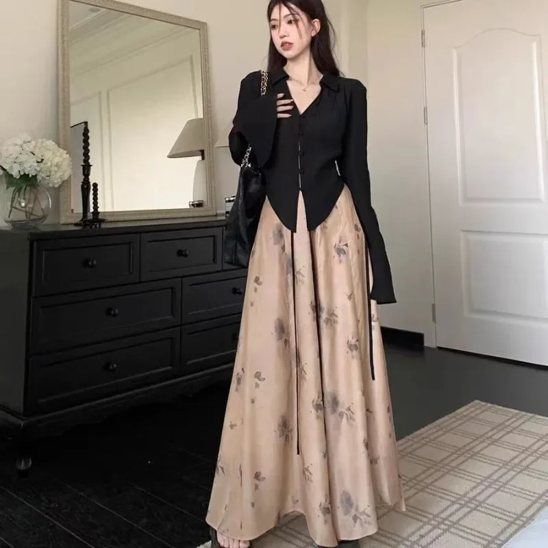 High Waisted Long Skirts for Women, Ink Wash Style, French Style, Casual Long Skirts, Mid Body, Early Spring, New Fashion, 2020