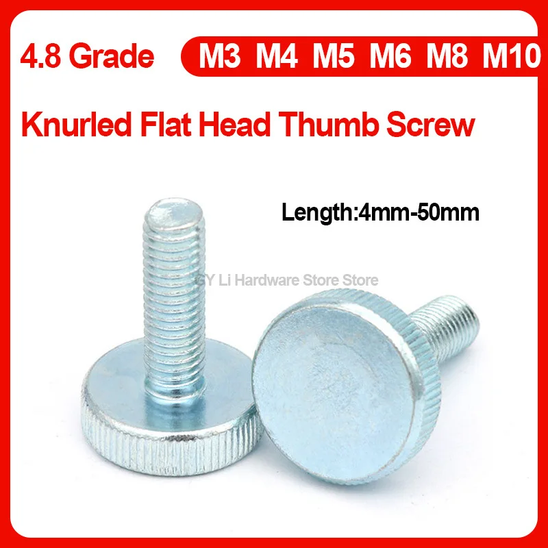 Knurled Flat Head Thumb Screw 4.8 Grade Blue Zinc Plated Hand Tight Adjustment Advertising Bolt M3 M4 M5 M6 M8 M10 4mm-50mm