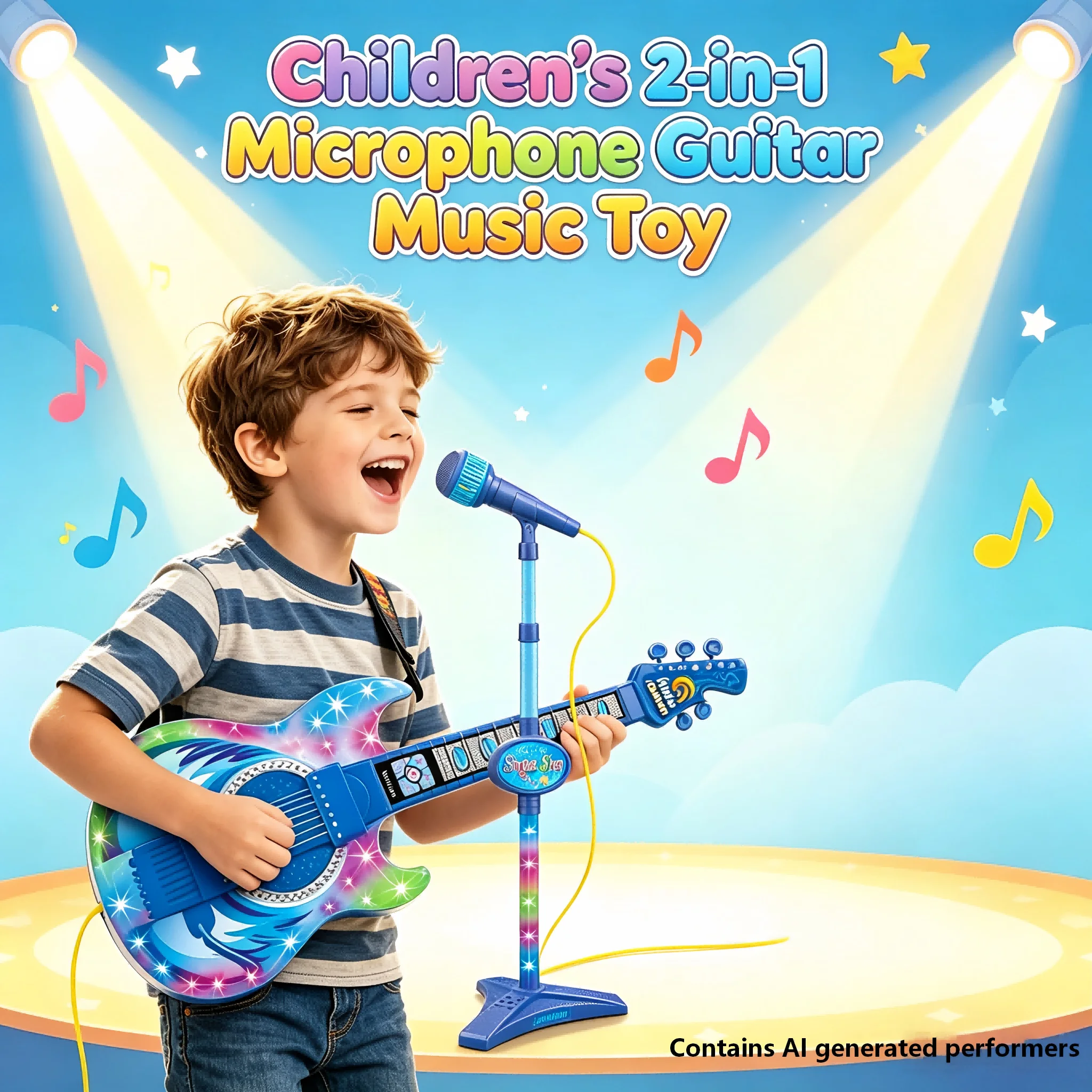 Kids Multi-functional Electric Guitar And Microphone Set With Music And LED Light Microphone Guitar Toys Gifts for Boys & Girls