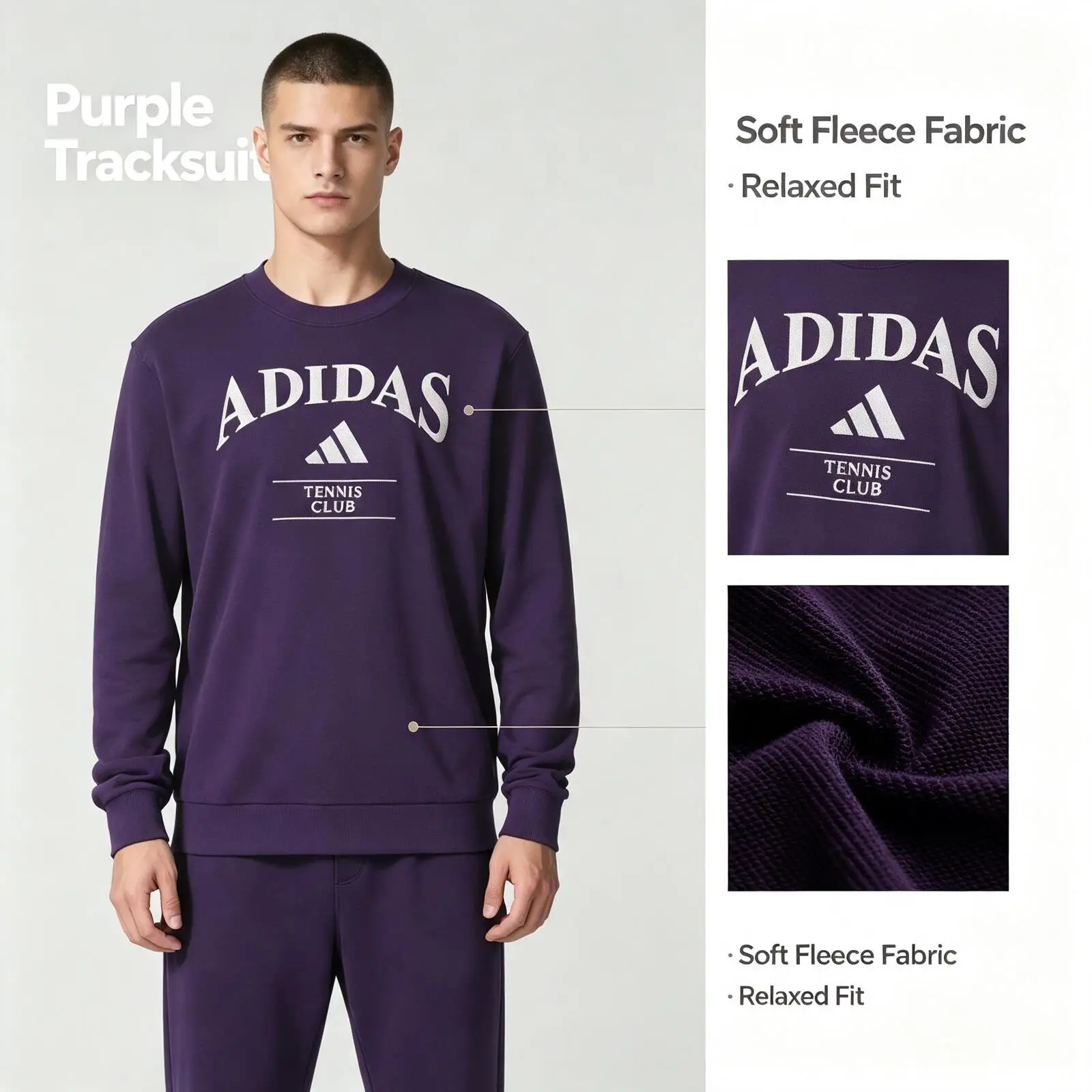 Adidas Sweatshirt Purple Tracksuit Women 2-Piece Soft Fleece Casual Sport Set Sweatshirt Sweatpants Loungewear Ka0995