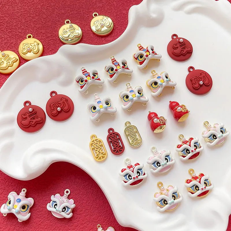 6pcs Lion Dance Cat Lantern Gourd Ingot Alloy Small Pendant Diy Handmade Accessory Beaded Charms Material