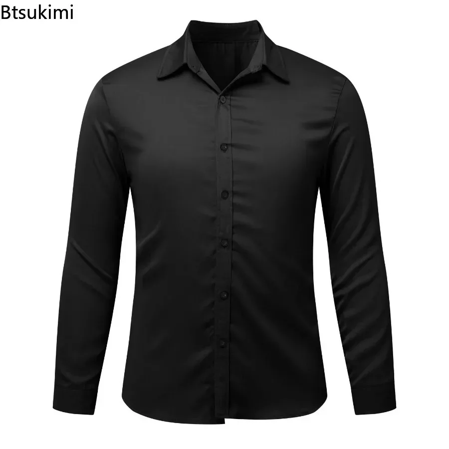 الراقية الرجال قمصان الساتان تمتد حريري السلس الأعمال فستان نحيل قمصان الصلبة طويلة الأكمام الملابس الرسمية الكلاسيكية الذكور القمصان