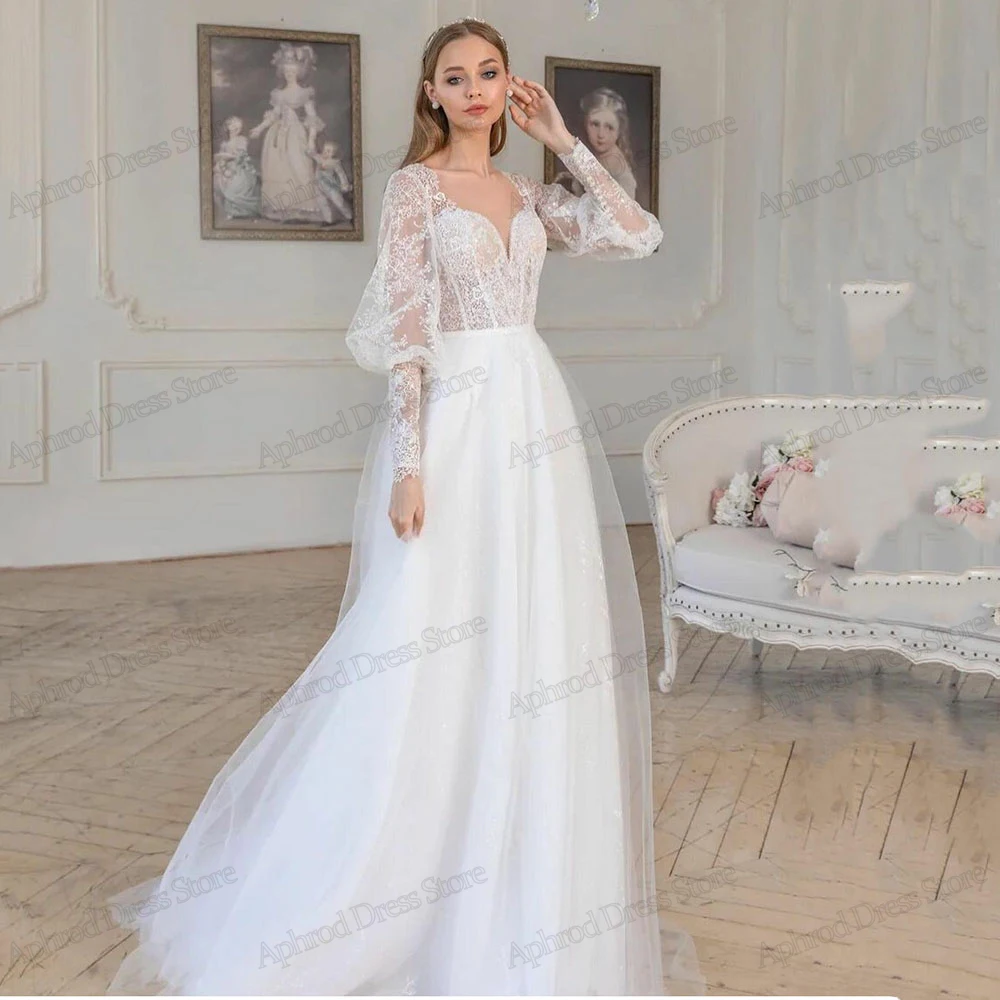 Vestido de casamento ilusão a linha, vestidos de noiva vintage, apliques de renda, até o chão, vestes glamorosas para noivas