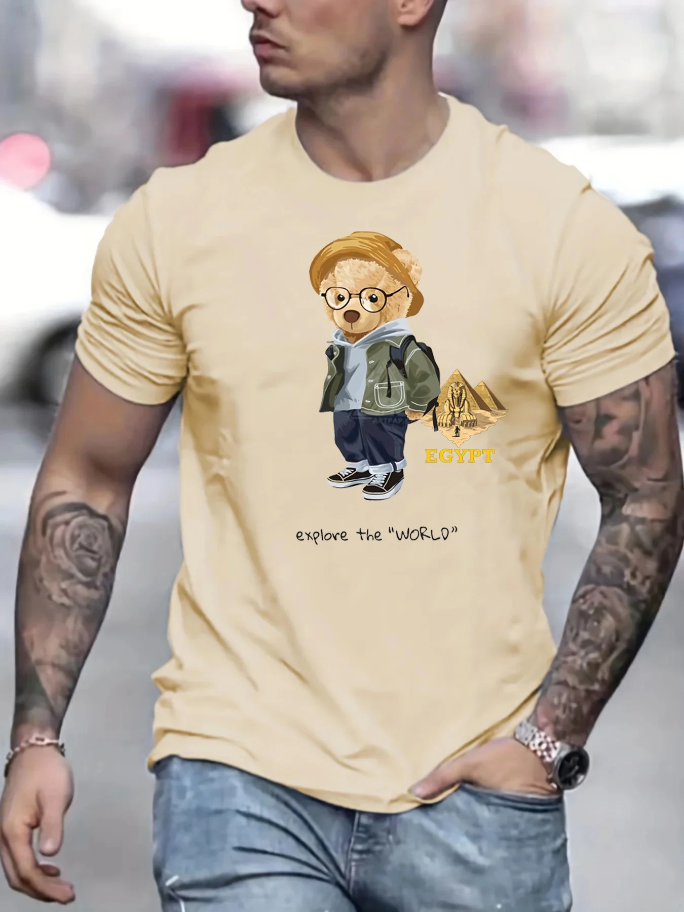 

100% pure cotton men's Cartoon travel bear printed fashionable casual loose sports round neck short sleeved T-shirt top