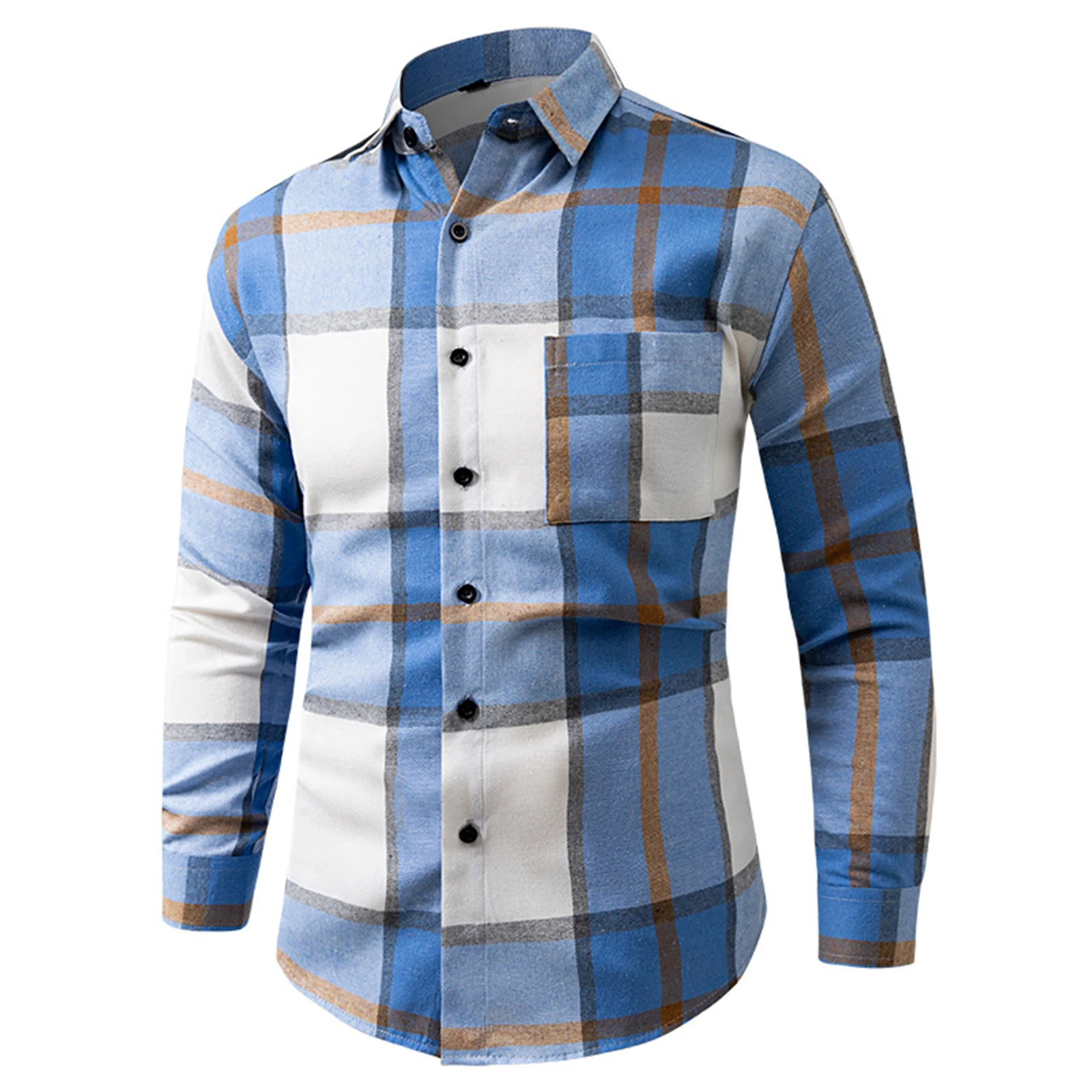 

Men'S Single Button Chest Pocket Lapel Plaid Shirt Color Blocked Casual Comfortable Shirt Suitable For Outdoor Daily Wear