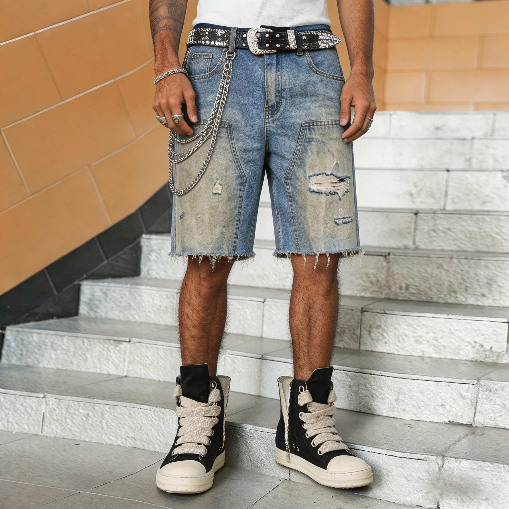 

Men's Vintage Washed Distressed Ripped Denim Shorts, Y2K Streetwear Baggy Casual Jorts, Summer Distressed Loose Fit Denim Pants