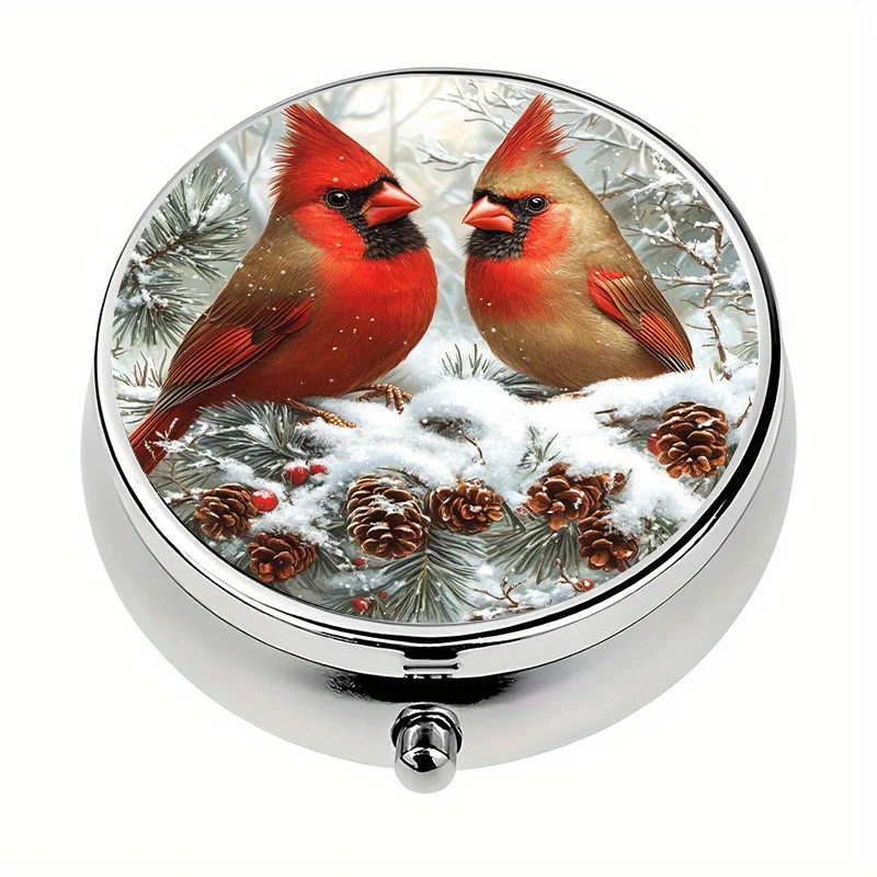 1-Pack Three-Compartment Pill Box, Winter Red Bird Theme, Mini Pill Box, Pill Storage Box, Unique Gift, Can Be Used to Organize Vitamins and Medicines