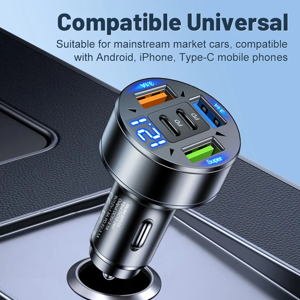 شاحن سيارة 250 وات 5 في 1 PD QC3.0 شحن سريع USB C لهواتف iPhone وSamsung Galaxy وiPad Pro ومحول ولاعة متعدد المنافذ