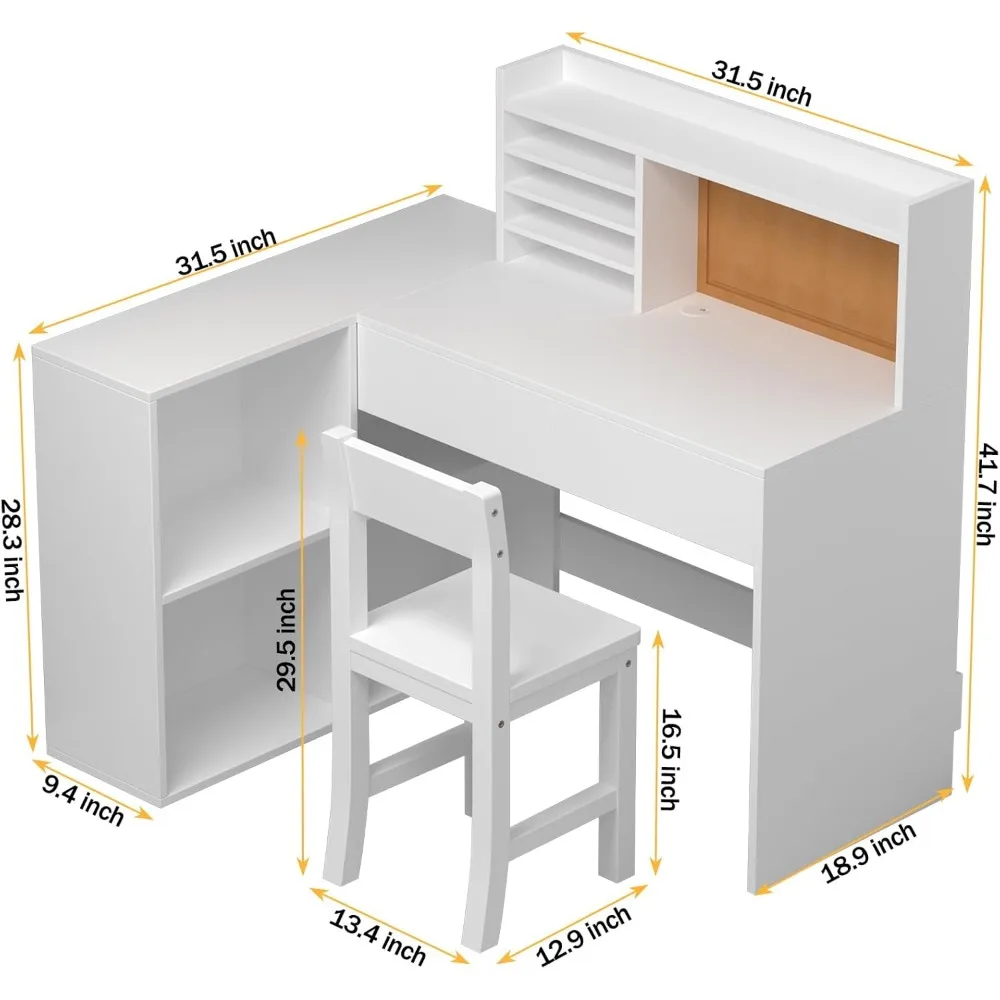 Kids Study Desk and Chair Set with Drawers and Shelves,KidsDesk with Bulletin Board, 41in*31in White Kids Desk