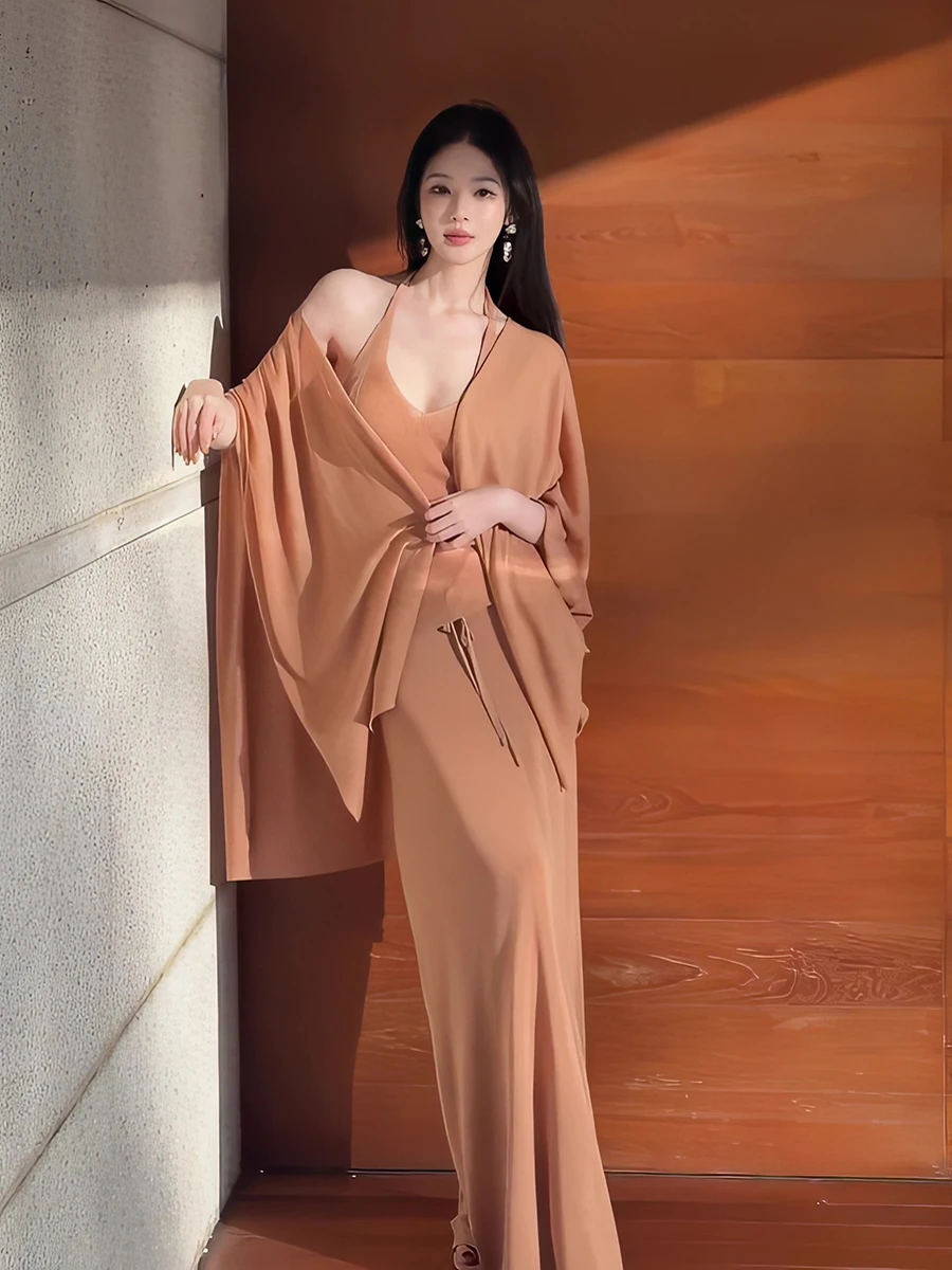

Spring 2026 Women's Knitted Loose Feel V-Neck Long Cardigan And High Waist Skirt Three-Piece Set Comfortable Fashion Outfit