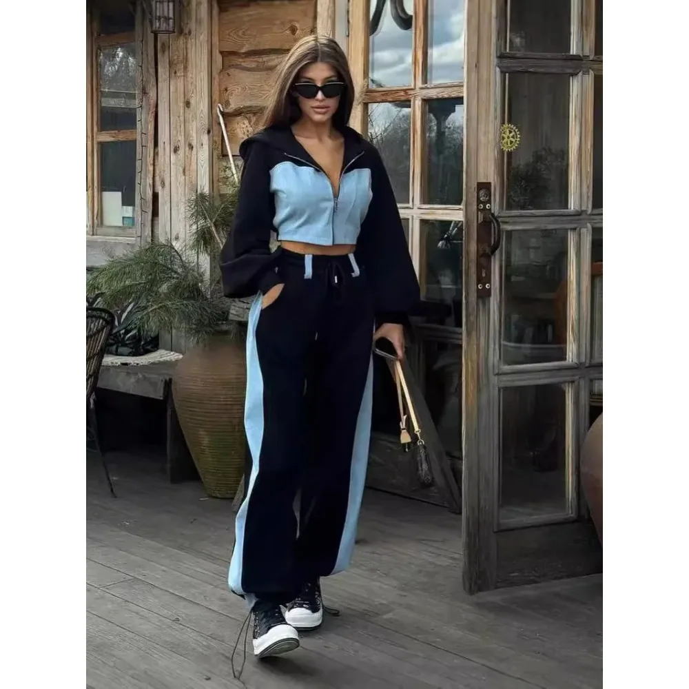 

Женский весенний модный спортивный костюм: повседневные контрастные худи и брюки, облегающие укороченные куртки на молнии, брюки с широкими штанинами на шнуровке, 2026