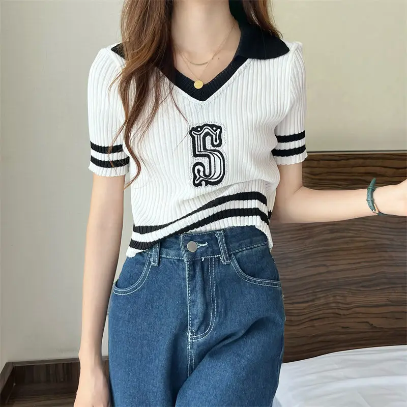 

Women Summer T Shirt Vintage Striped Short Sleeve Tee Korean Fashion Polo Neck Contrast Color Slim Casual 2025 Knitted Top D589