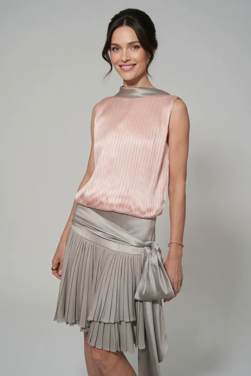 

Sexy Ladies Pink Pleated Dress Sweet Girls Satin Asymmetrical Dress Fashion Women's Patchwork Grey Backless Dress Silk
