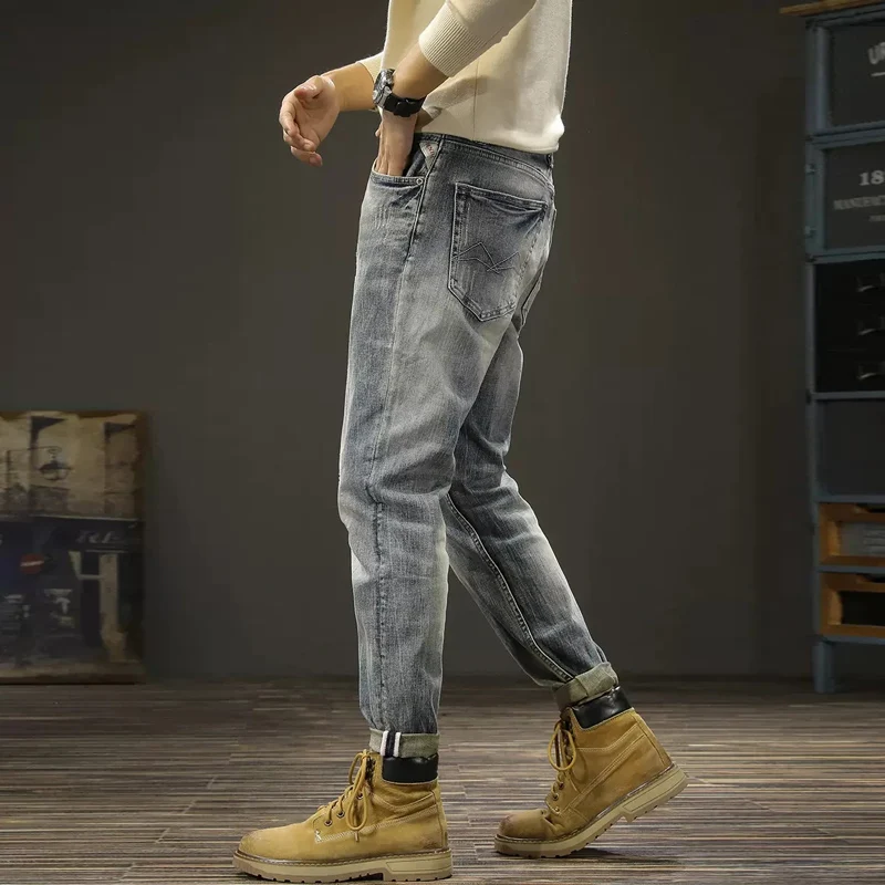 Italian Style Fashion Men Jeans Retro Gray Blue Elastic Slim Fit Ripped Jeans Men Trousers Vintage Designer Denim Pants Hombre