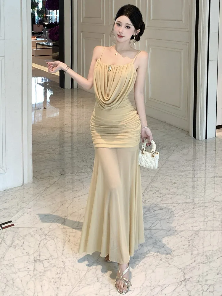  Off-Shoulder Fish-Tail Gown in Tulle Fabric High-Waisted Backless Slimming with Pleats for Women Trendy Elegant Style