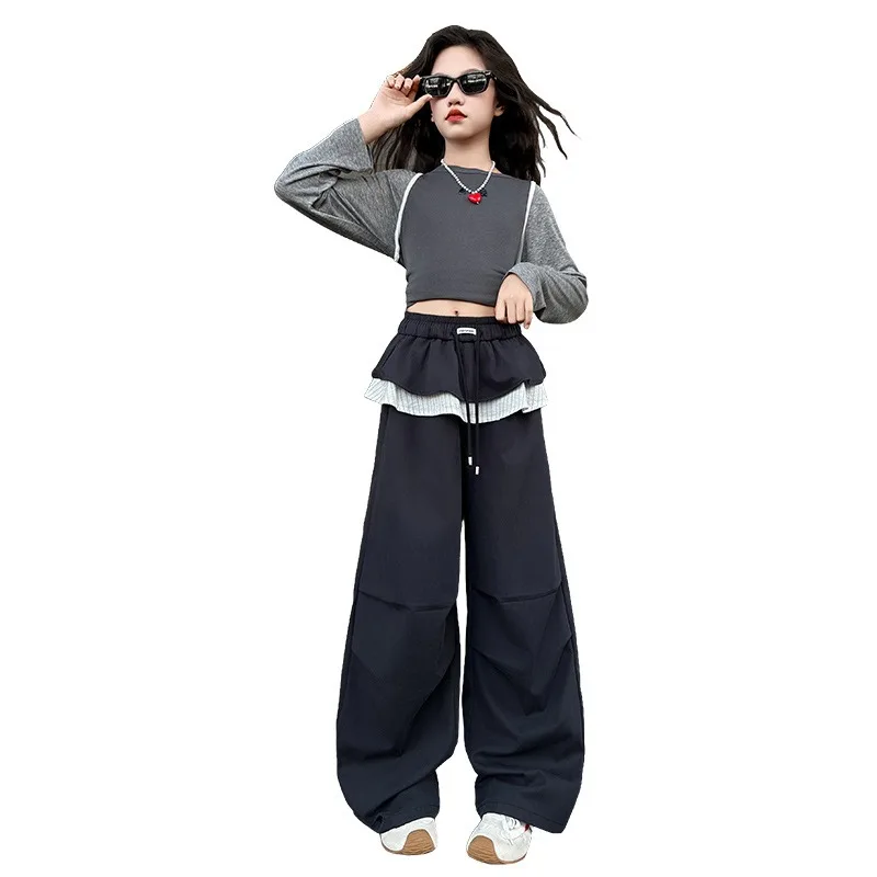 Gerade Hosen für Kinder und Mädchen von UNITIM, 4–14 Jahre, Patchwork-Hosen für Kinder und Mädchen, lockere, lässige Hosen für junge Teenager, Mädchen mit weitem Bein – Detail 5