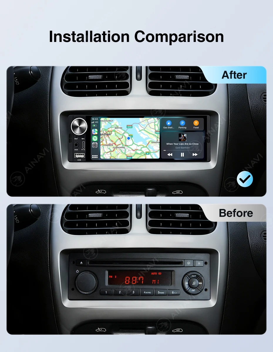 AINAVI K40 Universelles 1 DIN Autoradio Kabelloses Carplay Android HD 1280*720 IPS Touchscreen Single Din Autoradio 1DIN Multimedia – Detail 8