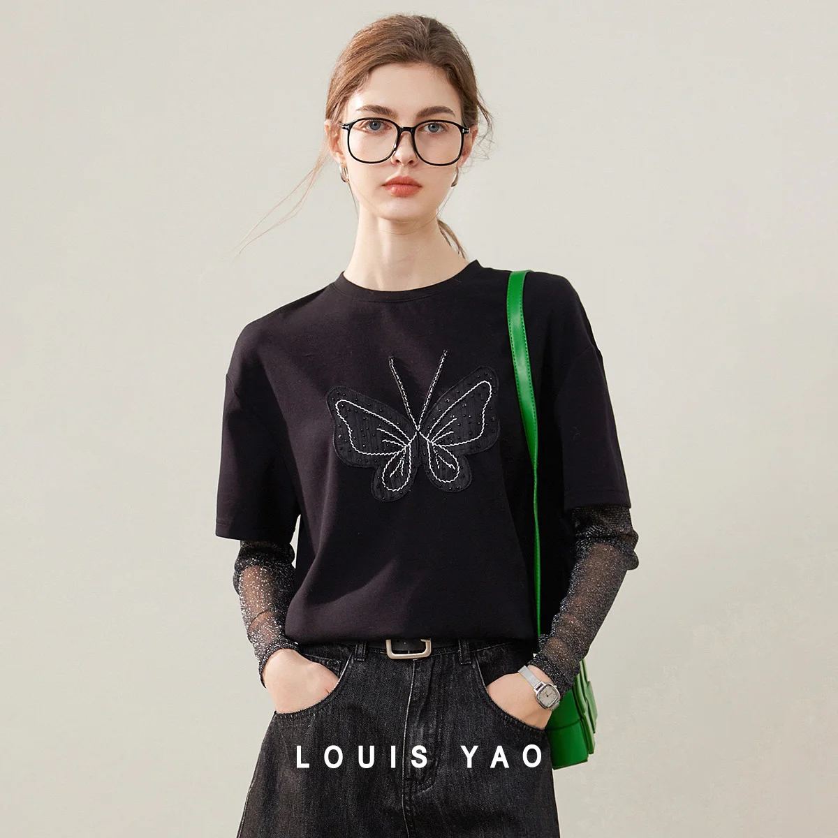 

LOUIS YAO Fake Two Pieces Design Long Sleeve T-shirt 2025 Spring Tops Butterfly Embroidery Women's Tees Loose Graphic T-shirt