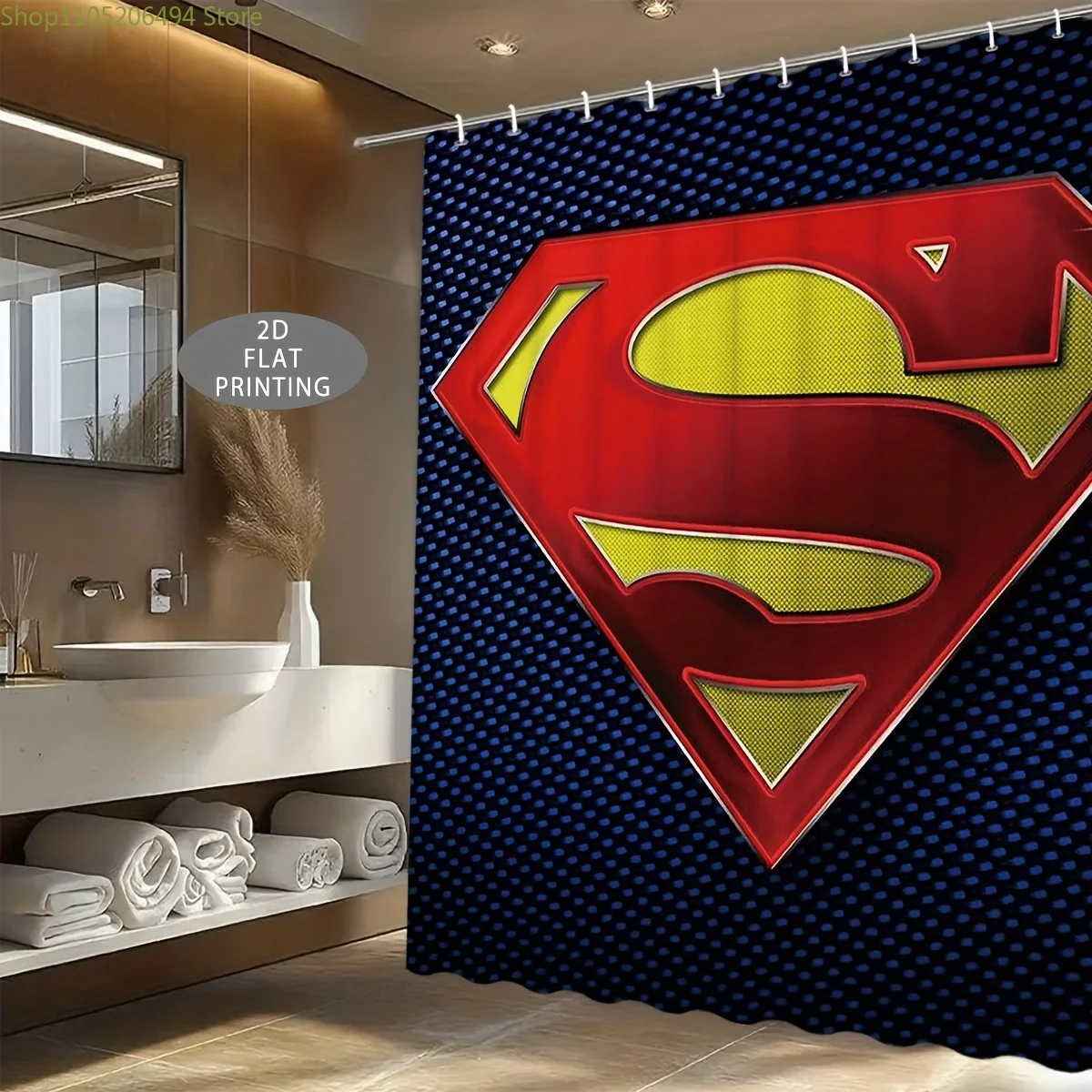 

1pc 2D Flat Classic Superman Logo Themed Shower Curtain, Perfect for Christmas and Halloween Decorations, 12 Hooks Included. I