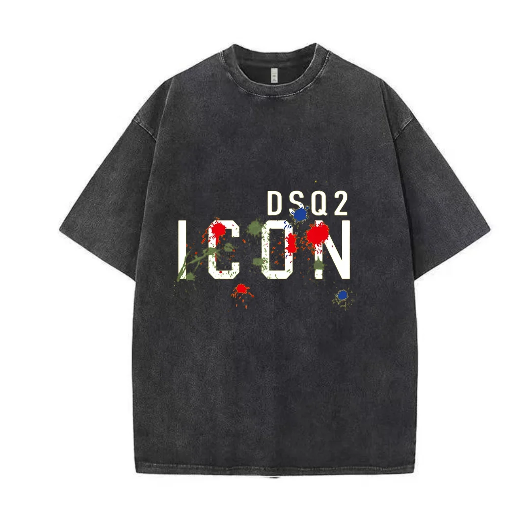 Dsq2 Washed Cotton T-Shirt 2024 Summer 100 Cotton Men\'s Clothing Maple Print t-Shirt Sport Oversized High Quality T Shirt