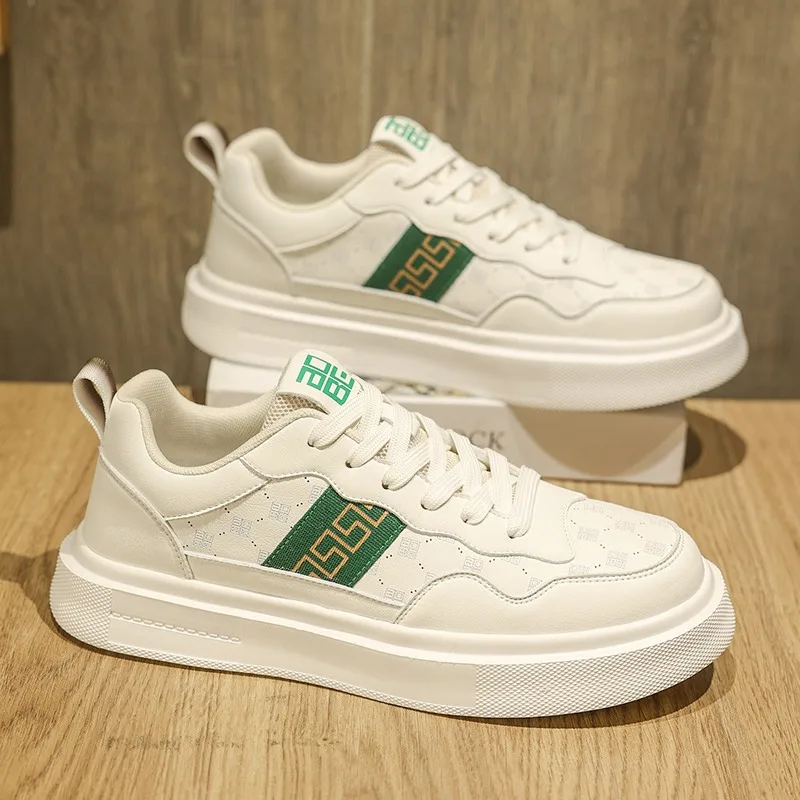 

White Trendy Shoes Men's Shoes Sports Casual White Board Shoes Men's Leather Soft Sole Height Increasing Versatile