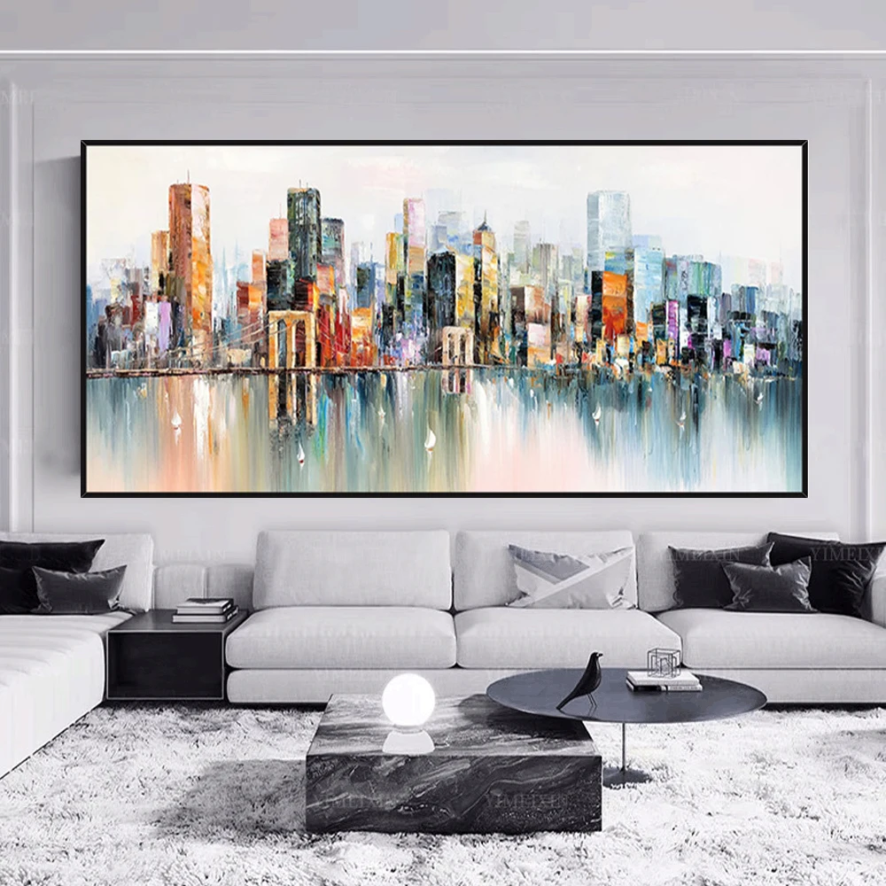 

Large Abstract City Landscape Painting Original Architecture Hand-Painted Oil Painting Home Decor Handmade Modern Art Painting