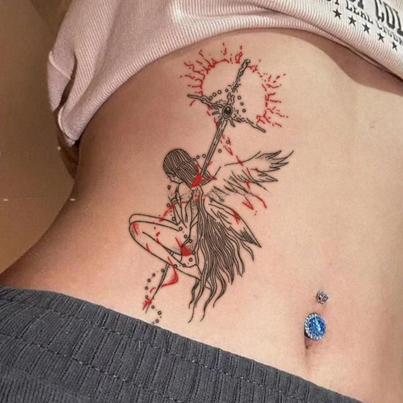 1/2/4Pcs Red Angel Sword Art Tattoo Sticker for Women Men Arm Cover Scar Waterproof Temporary Tattoo Long Lasting Fake Tattoo