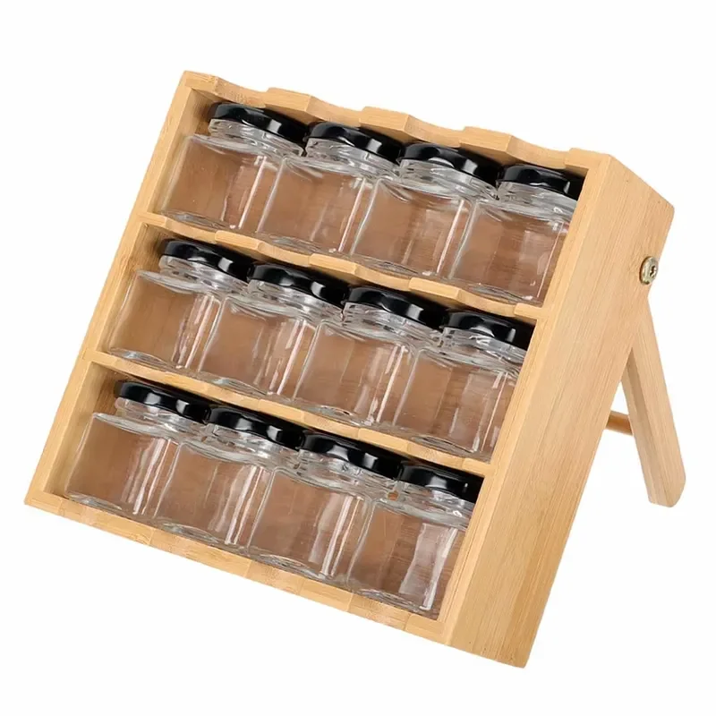 Bamboo Spice Rack Organizer 3 Tier Drawer Storage Shelf with 12 Glass Jars for Kitchen Countertop Condiment Canned Food