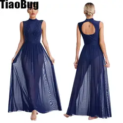 Womens Lyrical Dance Dress Mock Neck Sleeveless Open Back Twist Front Sheer Mesh Overlay Leotard Dresses for Stage Performance