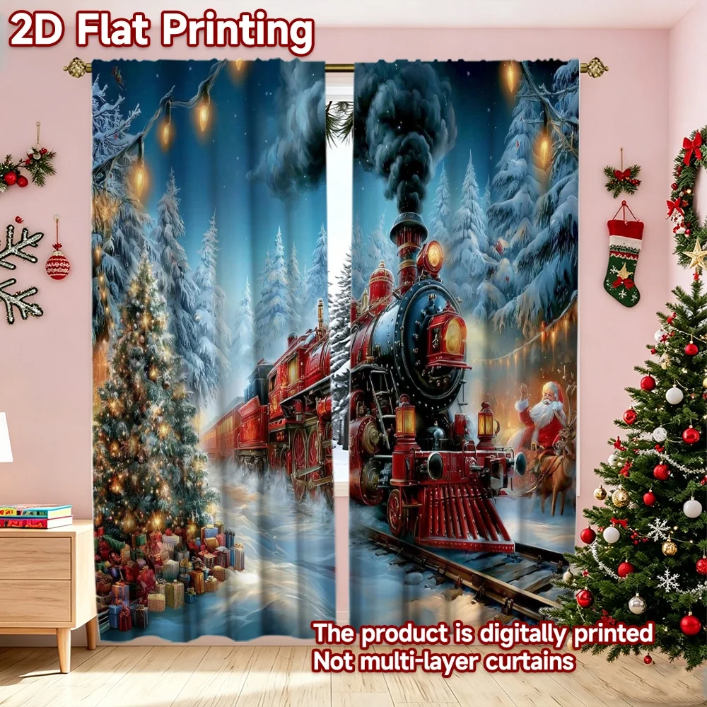 2D flat printing 2pcs Classic Hot Christmas Curtains Christmas Train and Santa Digitally printed polyester curtains Festive