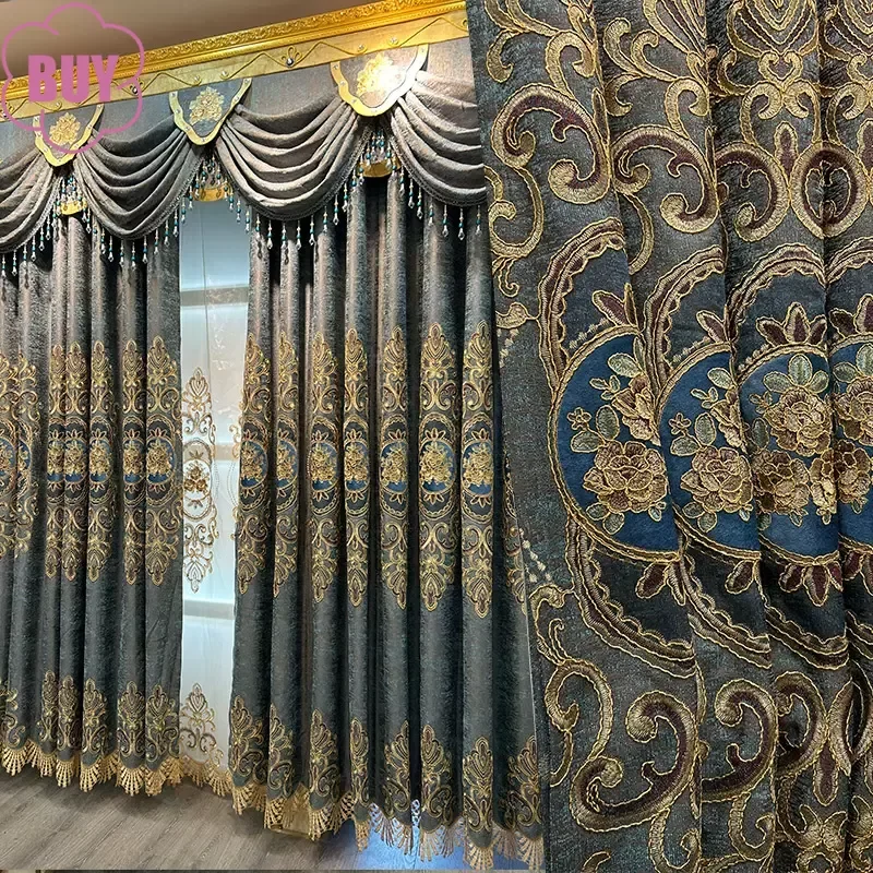 

Custom Embroidered Screen Blue Gray Chenille Thickened Curtains for Living Room Bedroom French Window Villa Balcony Valance