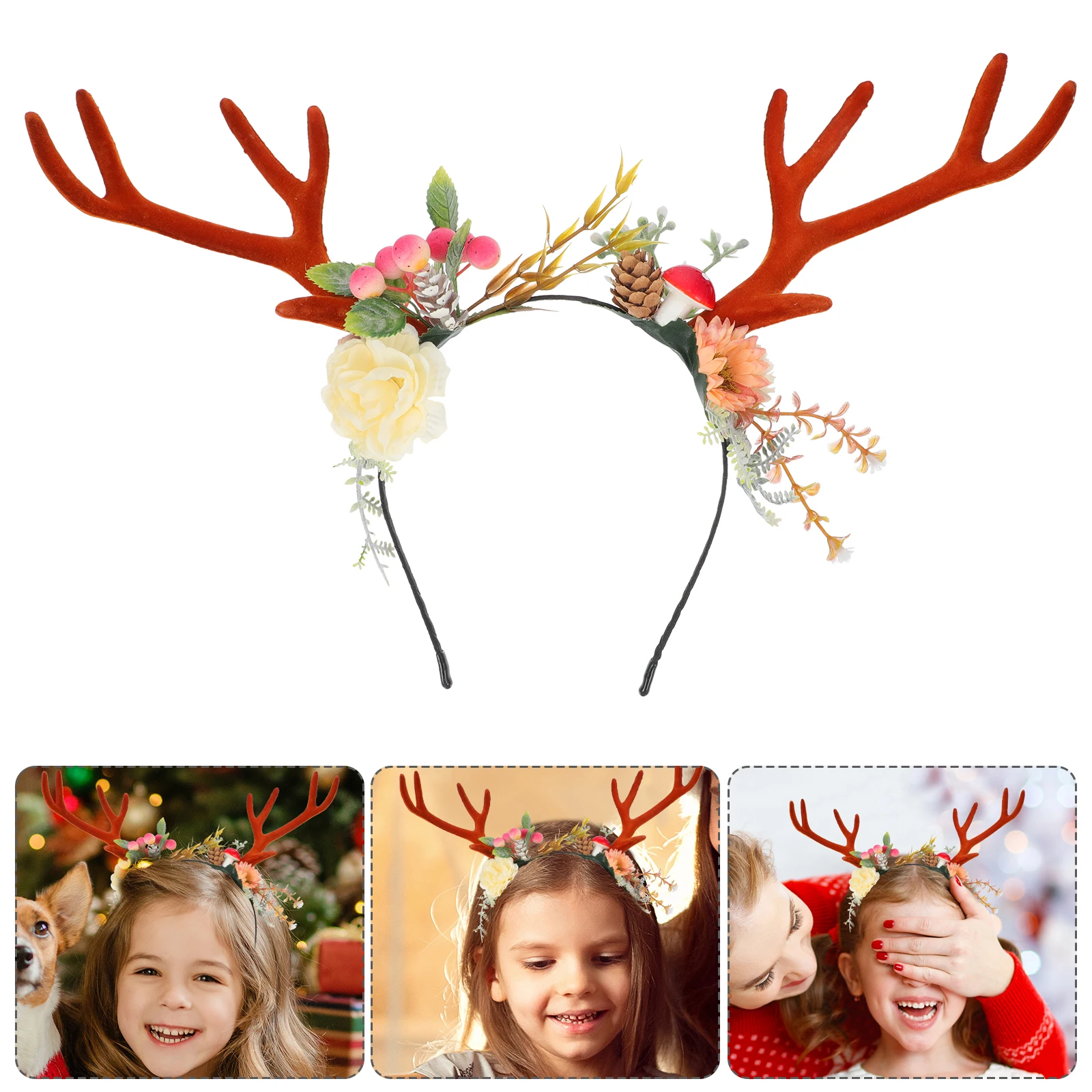 

Flower Antler Headband Christmas Headwear Beautiful Hair Hoop Costume Party Masquerade Holiday Cosplay Accessory