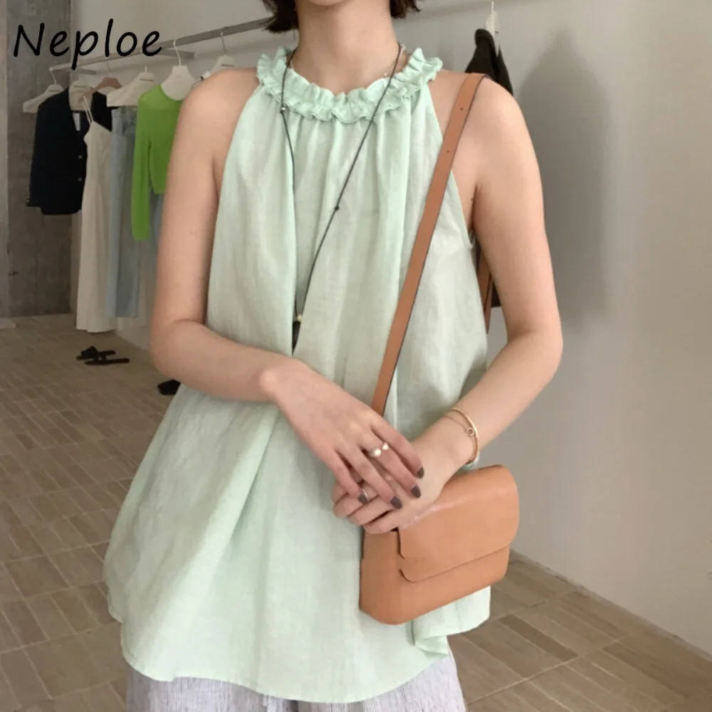 

Neploe Flower Fungus Vest Women Shirt 2025 New Unique Korea Chic Elegant All-match Tees Simple Loose O Neck Sleeveless Moda Tops