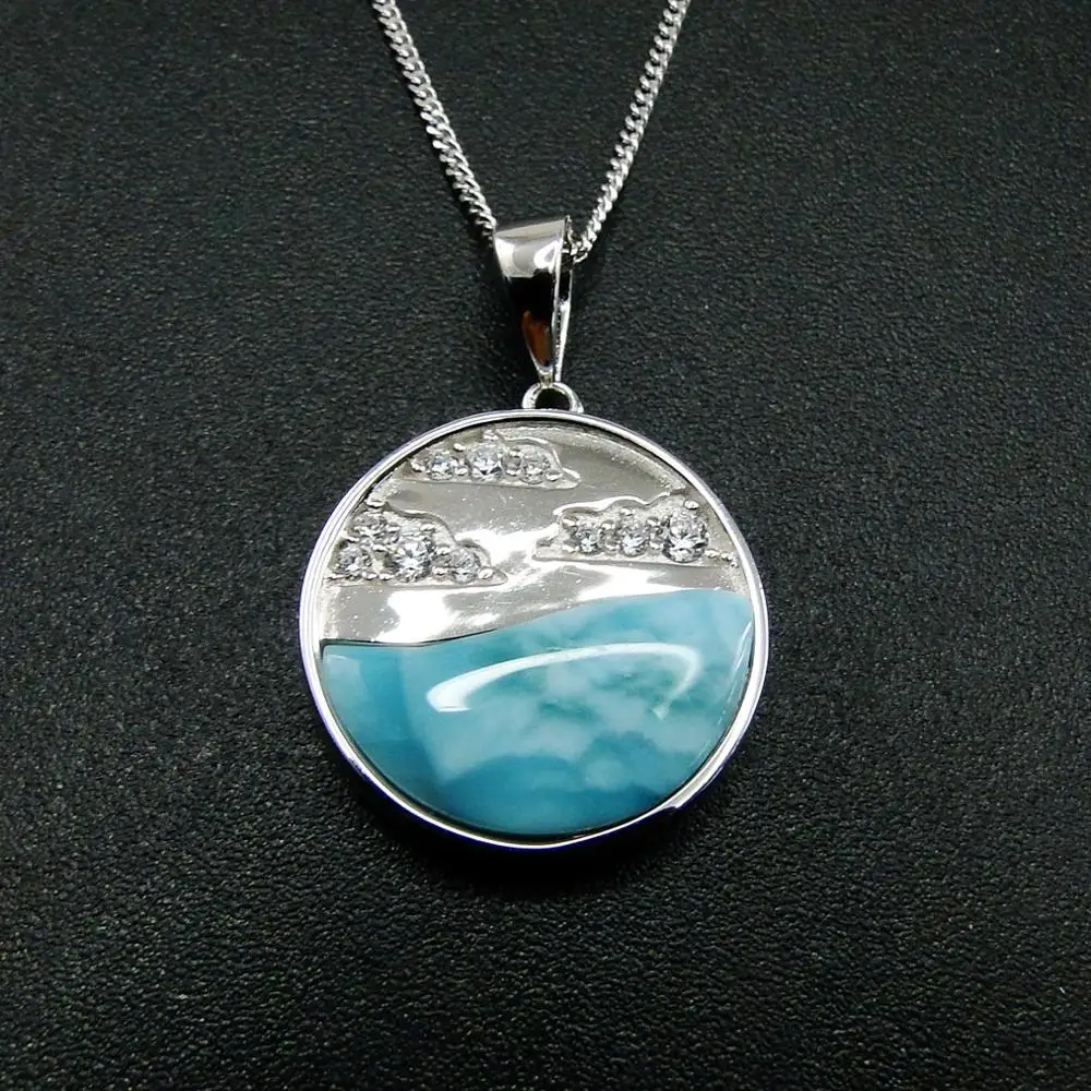 

925 Sterling Silver Natural Larimar Ocean Pendant Necklace Blue Larimar Stones Large Gemstone Pendant for Women Gift