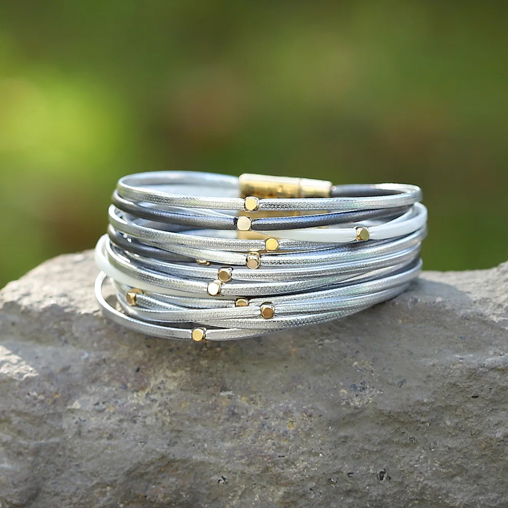 ALLYES Vintage Metal Beads Soft Leather Bracelet for Women Charm Slim Strips Bangles & Bracelets Female Party Jewelry