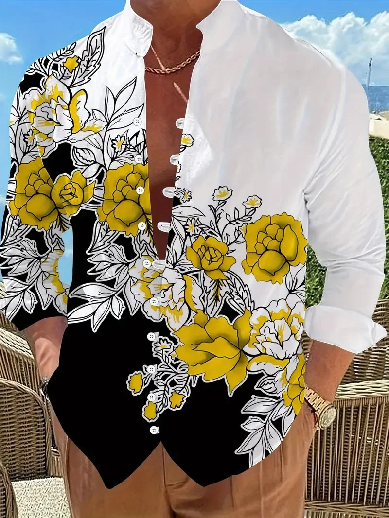 Casual Men Linen Shirts New Print Button Shirt Fashion Stand Up Collar Loose Men's Shirts Streetwear Casual Beach2026