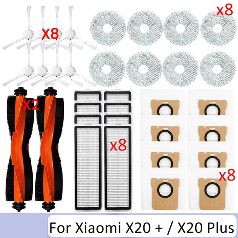 34PCS For Xiaomi Robot Vacuum X20+ X10+ /X20 Plus Vacuum Cleaner Accessories Main Side Brush Mop Cloth Dust Bag Filter